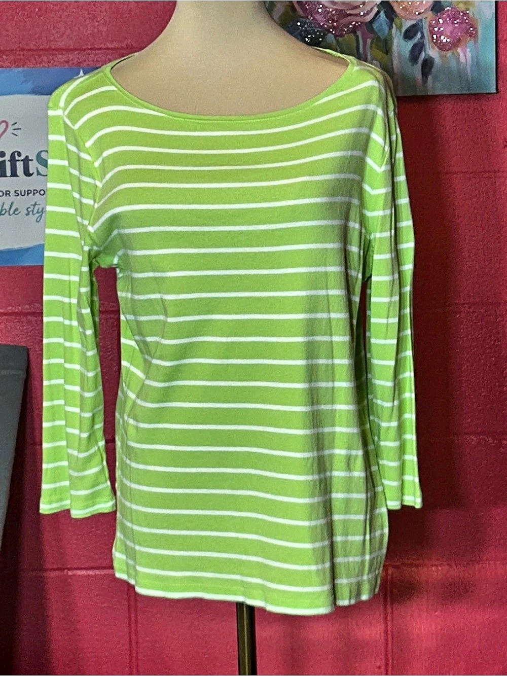 Talbots The Talbots Tee Striped Bateau Neck Top, Green & White